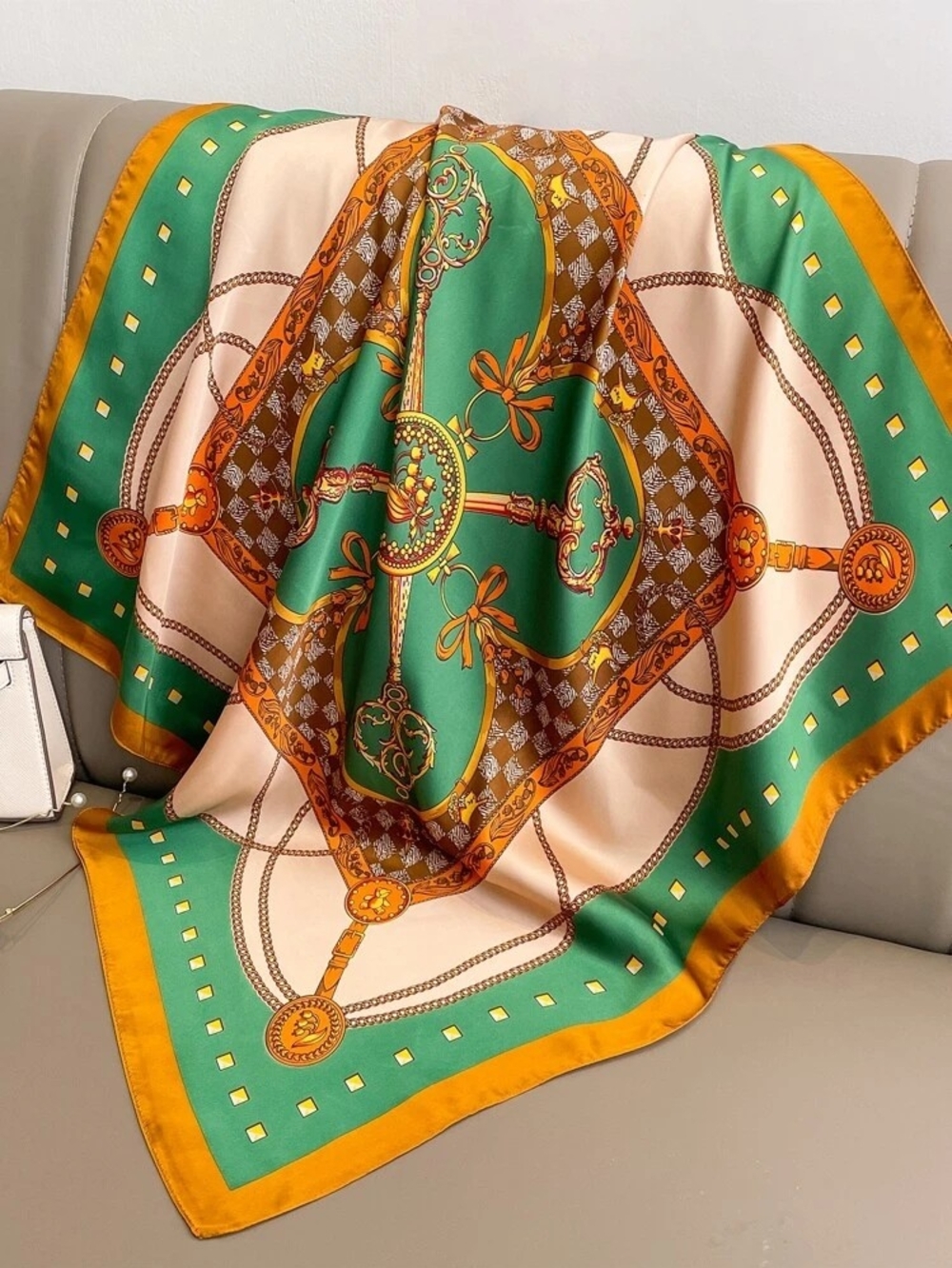 Silk-Feel Green & Gold Printed Women’s Scarf Head, Neck Scarf 70*70cm